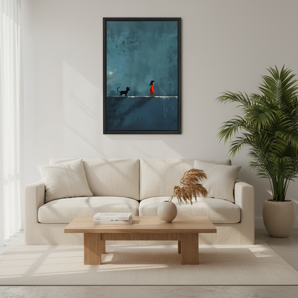 Dark moody girl and black cat framed wall art print above cream sofa in minimalist Scandinavian living room – atmospheric teal blue painterly canvas decor