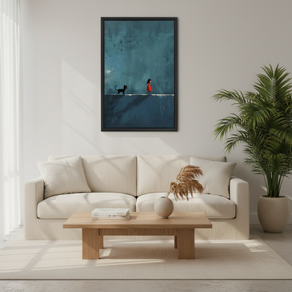 Dark moody girl and black cat framed wall art print above cream sofa in minimalist Scandinavian living room – atmospheric teal blue painterly canvas decor