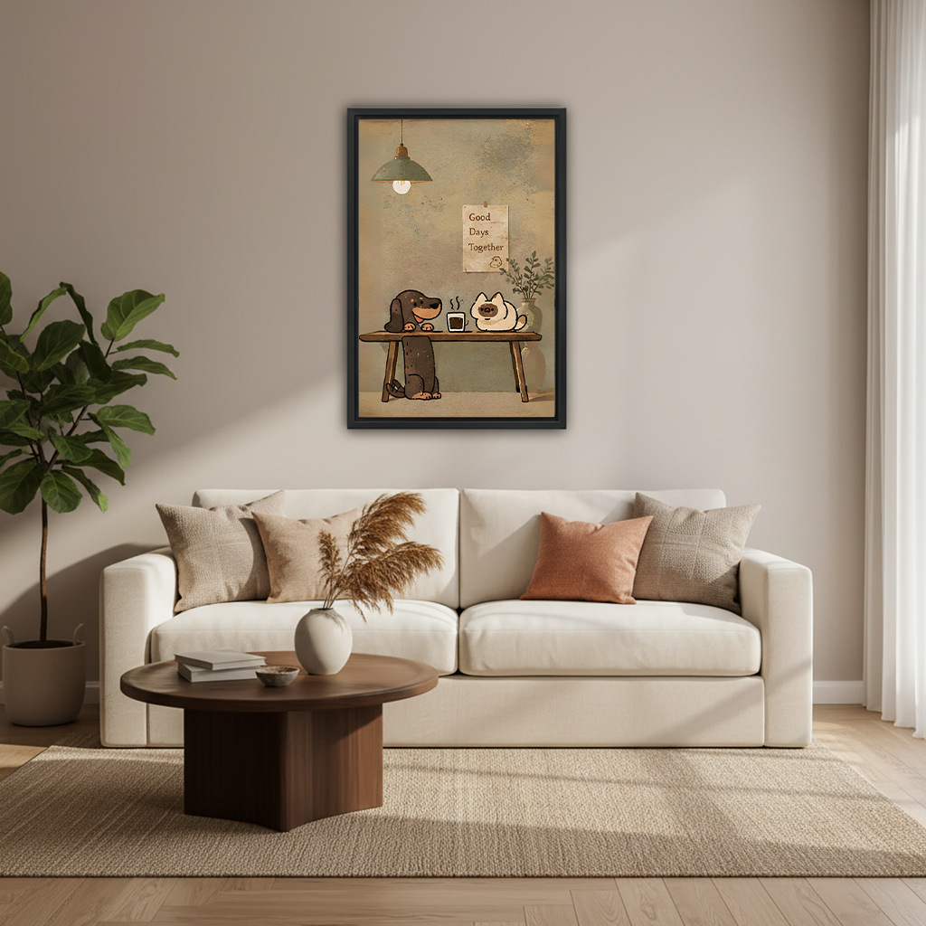 Good Days Together dog and cat vintage canvas art in black frame above cream sofa in bright modern living room