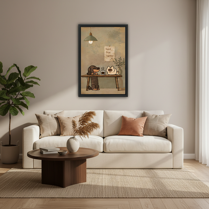 Good Days Together dog and cat vintage canvas art in black frame above cream sofa in bright modern living room