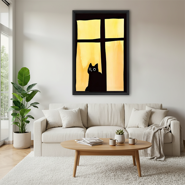 Black cat window silhouette framed canvas print above beige sofa – minimalist moody cat wall art for living room