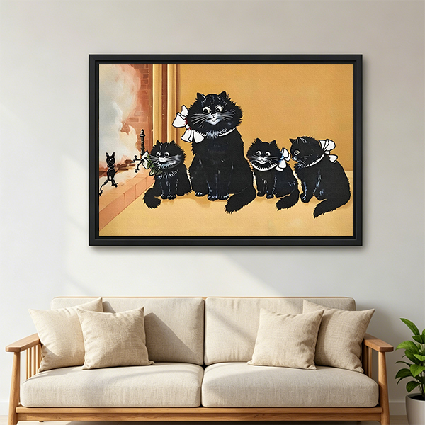 Vintage black cat family framed wall art above sofa – retro whimsical canvas print for living room