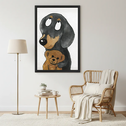 Cute dachshund hugging teddy bear watercolor illustration framed wall art above wooden console table in boho living room