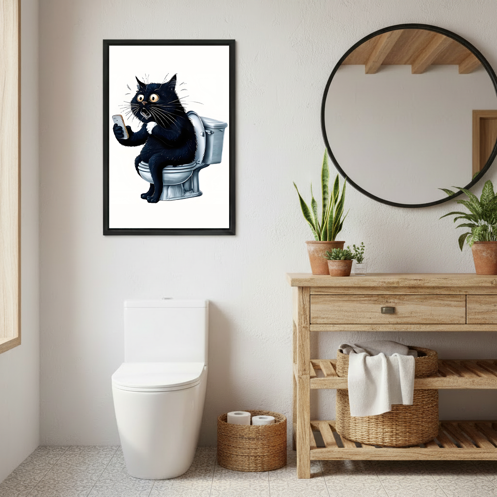 Black cat toilet phone art in black frame — boho bathroom wall decor with wood furniture