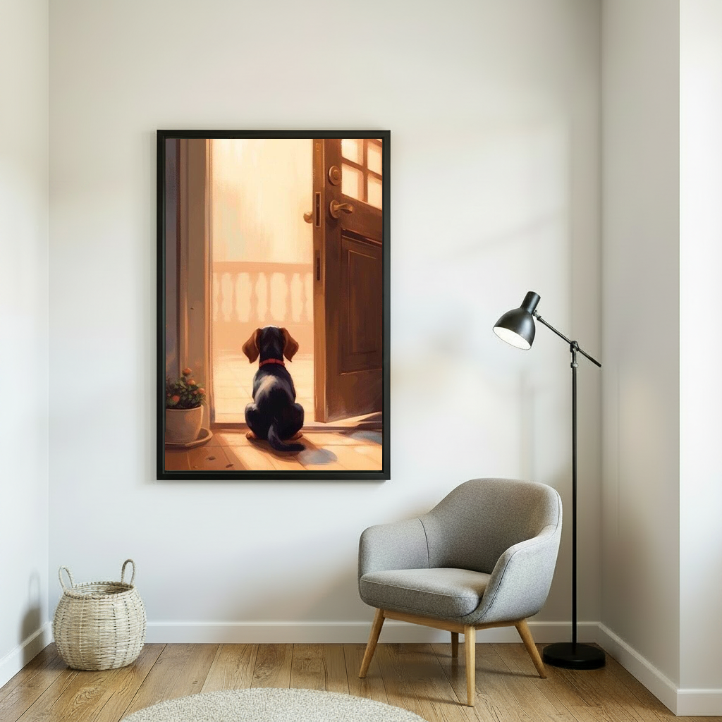 Framed dachshund puppy doorway canvas art with warm golden light in minimalist reading nook
