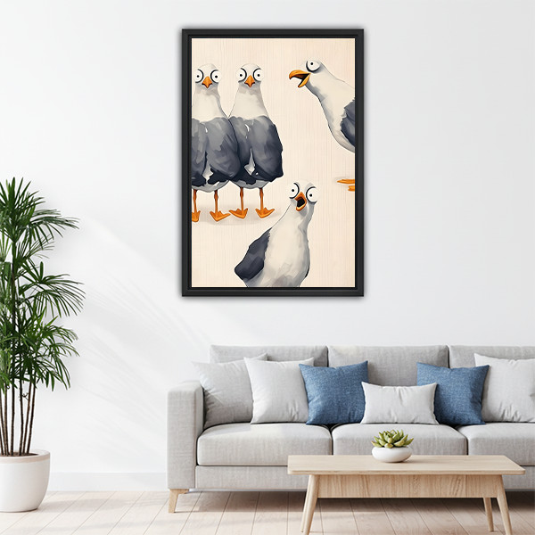 Humorous seagull gang framed canvas wall art above sofa, funny watercolor bird print for living room wall decor

