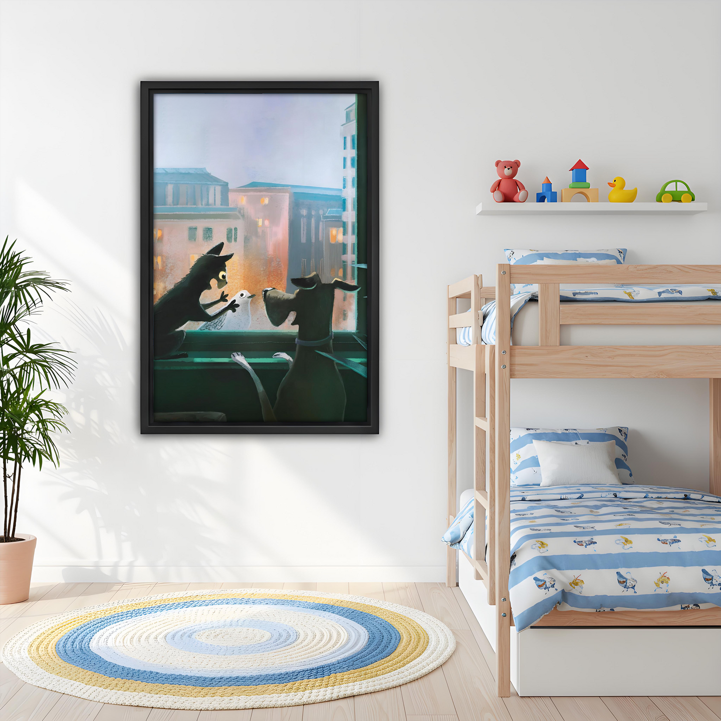 Whimsical Cat Dog City Window Framed Canvas Wall Art l2640