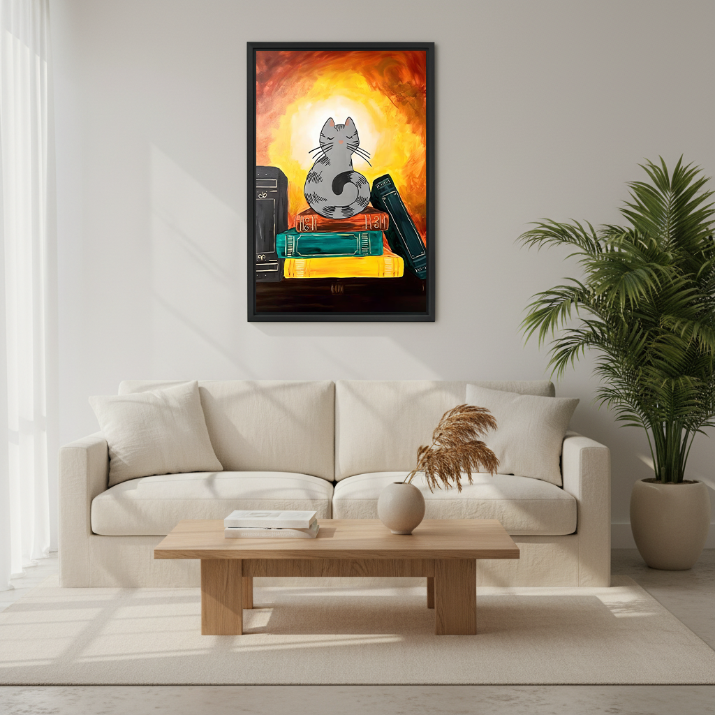 Zen cat on books fiery glow mystical illustration framed wall art above cream sofa in bright modern living room with palm plant