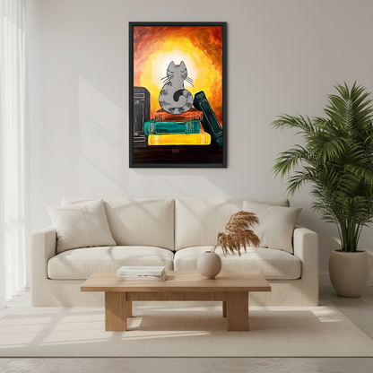 Zen cat on books fiery glow mystical illustration framed wall art above cream sofa in bright modern living room with palm plant