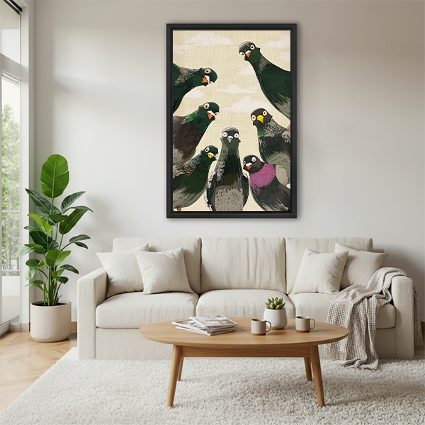 Bold pigeon flock Japanese style framed wall art print above white sofa in Scandinavian living room