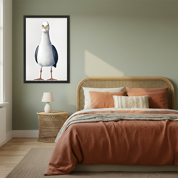Grumpy seagull cartoon framed wall art hung on sage green wall above rattan bed with terracotta bedding in boho bedroom