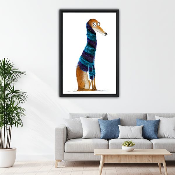 Funny greyhound in blue purple knit scarf watercolor framed wall art in black frame above gray sofa with blue cushions and round wood coffee table
