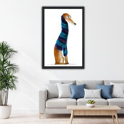 Funny greyhound in blue purple knit scarf watercolor framed wall art in black frame above gray sofa with blue cushions and round wood coffee table
