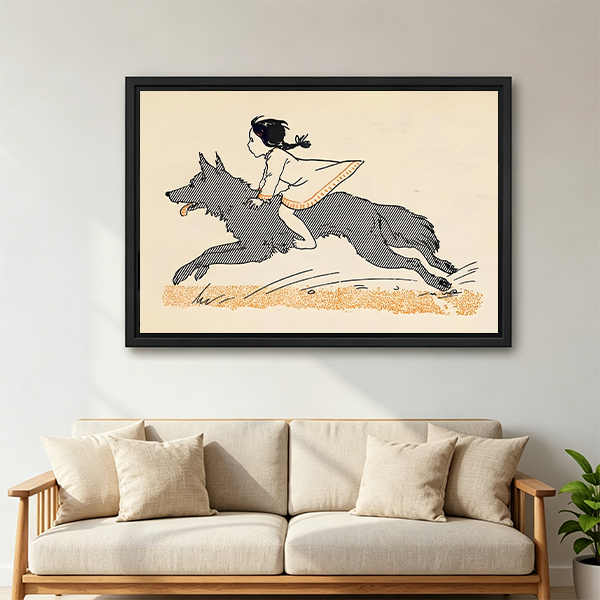 Vintage ink style framed canvas wall art of a wild girl riding a leaping wolf dog, expressive graphic illustration, modern living room sofa wall decor
