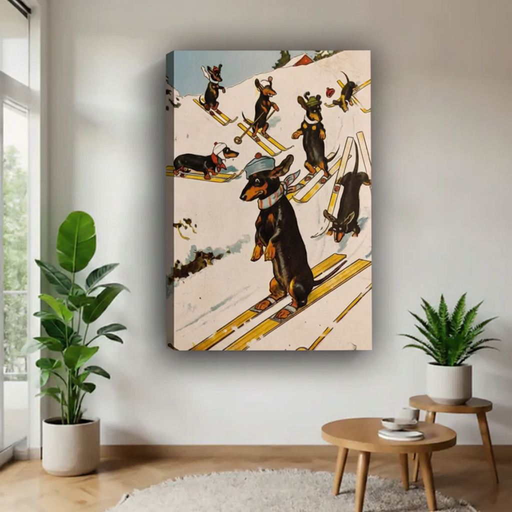 Dachshund skiing gallery wrap canvas wall art no frame above side table, retro vintage dog ski slope print home decor