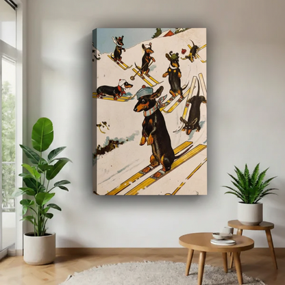 Dachshund skiing gallery wrap canvas wall art no frame above side table, retro vintage dog ski slope print home decor