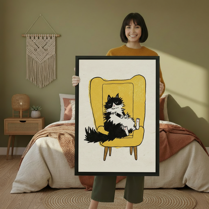 Woman holding large framed grumpy fluffy cat in yellow armchair mid-century wall art print in black frame showing actual print size in olive green boho bedroom with macrame wall hanging
