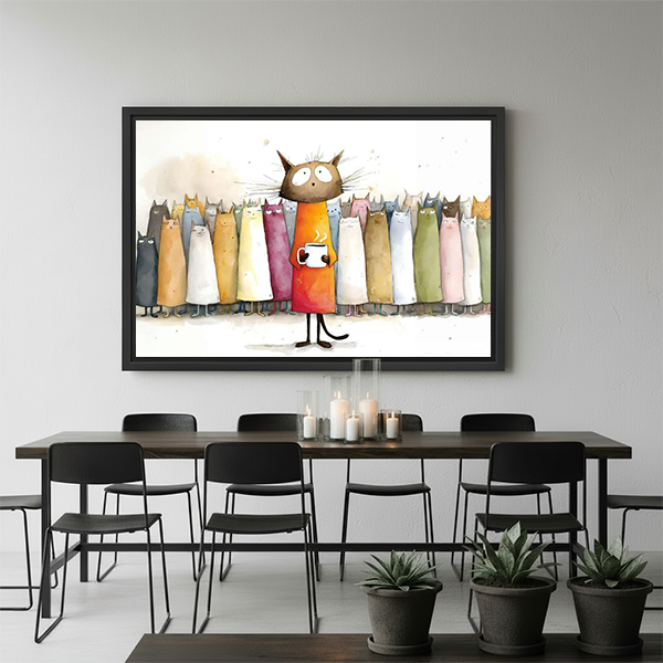 Whimsical colorful cat wall art in black frame above modern dining table