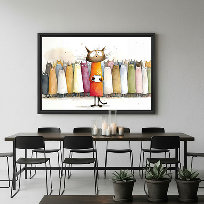 Whimsical colorful cat wall art in black frame above modern dining table