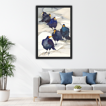 Bold crow flock framed canvas wall art above sofa, watercolor dark bird print for modern living room wall decor