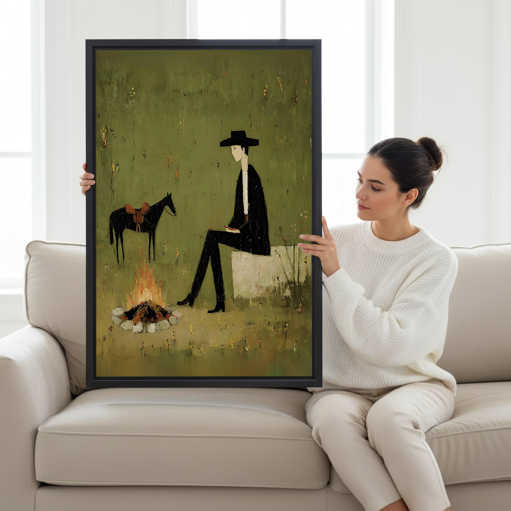 Woman holding framed vintage cowboy campfire canvas art featuring a seated rider and horse