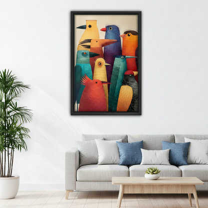 Colorful whimsical bird flock framed canvas wall art above living room sofa, folk art style home decor