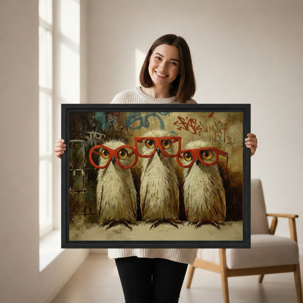 Woman holding large framed funny owls canvas print, three owls with red glasses whimsical graffiti wall art