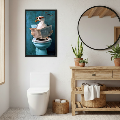 Funny seagull reading newspaper framed canvas wall art in boho bathroom – coastal humorous print with wood shelf