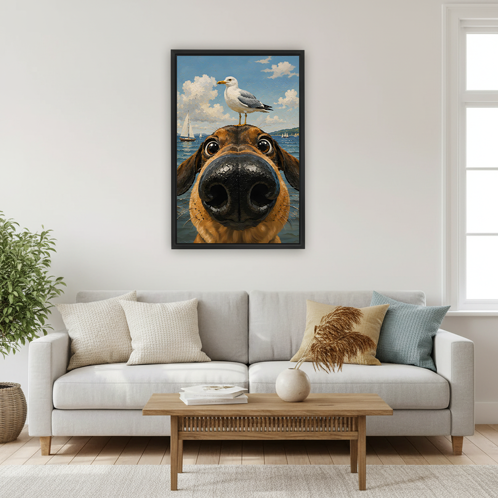 Dachshund close-up selfie seagull on head ocean background funny illustration framed canvas wall art above white sofa in bright Scandinavian living room
