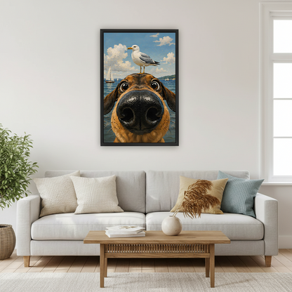 Dachshund close-up selfie seagull on head ocean background funny illustration framed canvas wall art above white sofa in bright Scandinavian living room
