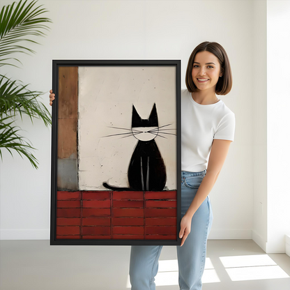 Black cat canvas wall art displayed above a dining table beside a mirror and palm