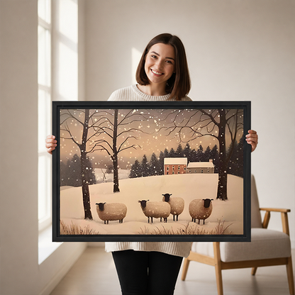 Woman holding black-framed winter sheep canvas wall art depicting four sheep beneath bare trees in falling snow.