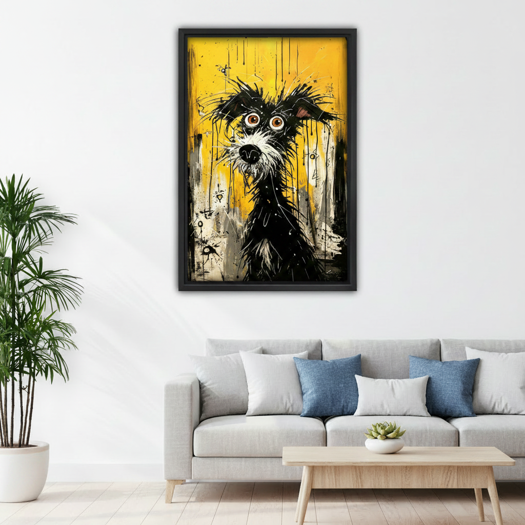 Graffiti dog pop art framed canvas wall art above sofa — expressive black terrier on yellow background, living room statement decor