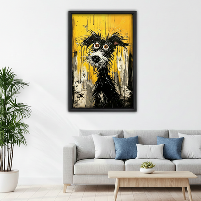 Graffiti dog pop art framed canvas wall art above sofa — expressive black terrier on yellow background, living room statement decor