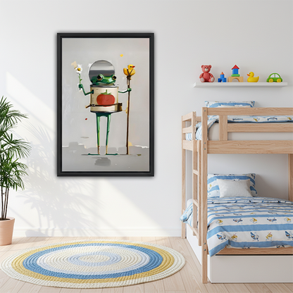 Surreal frog astronaut framed print in kids bedroom with bunk bed — whimsical animal wall art