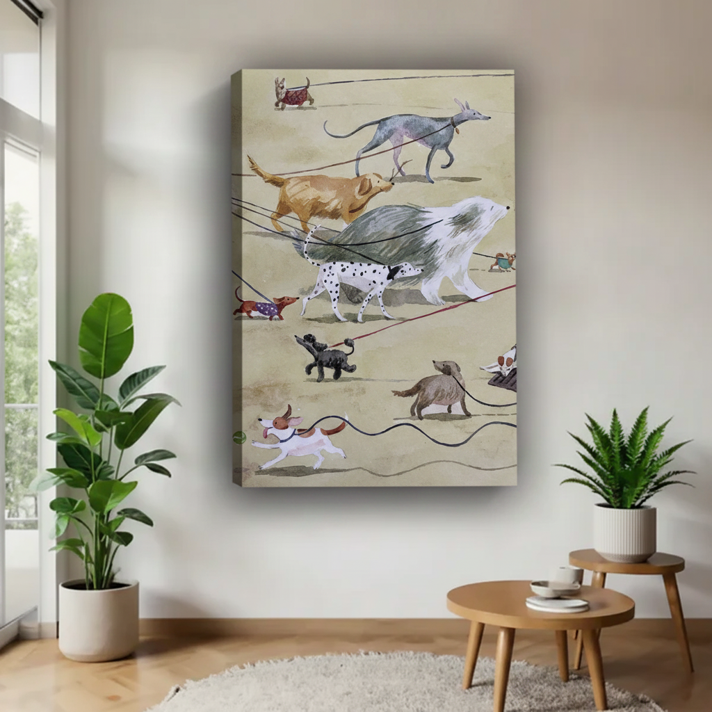 Vintage watercolor dogs on leash gallery wrap canvas print displayed in bright entryway with green plants