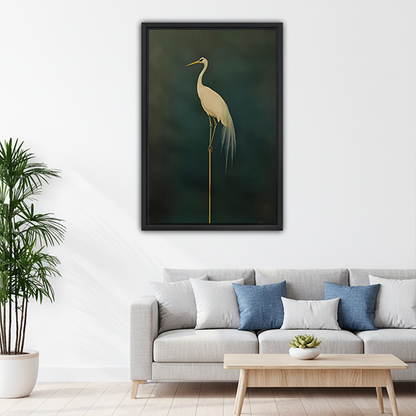 White egret minimalist framed canvas wall art above sofa, elegant dark green bird print for modern living room decor