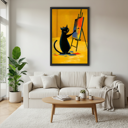 Funny black cat painting canvas in black frame — bold colorful wall art above living room sofa