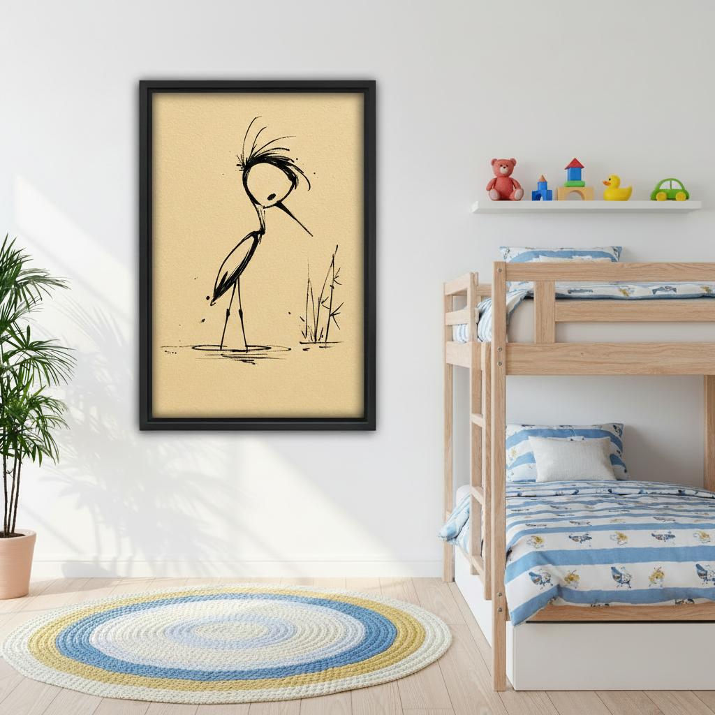Minimalist ink crane canvas wall art above gray sofa — zen botanical crane illustration on warm beige, modern japandi home decor for living room