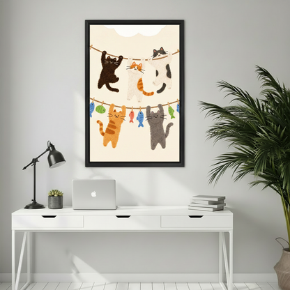 Cute cats on clothesline wall art print detail showing playful kawaii illustration style