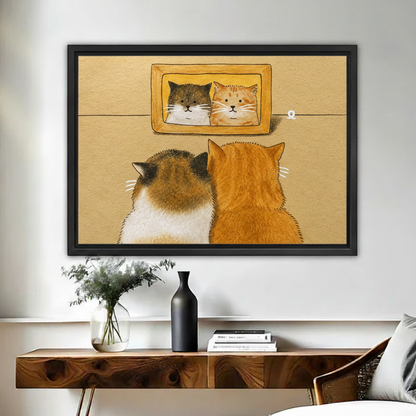 Funny cats looking in mirror framed canvas wall art print, whimsical home decor