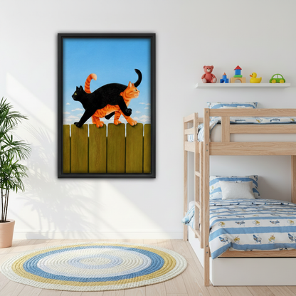 Funny black and orange cats on fence framed canvas wall art in bedroom, cute colorful cat lover wall decor
