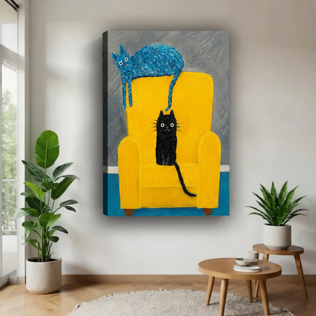 Two cats on yellow chair colorful canvas art print — unframed impasto oil painting style, vibrant cat lover wall decor