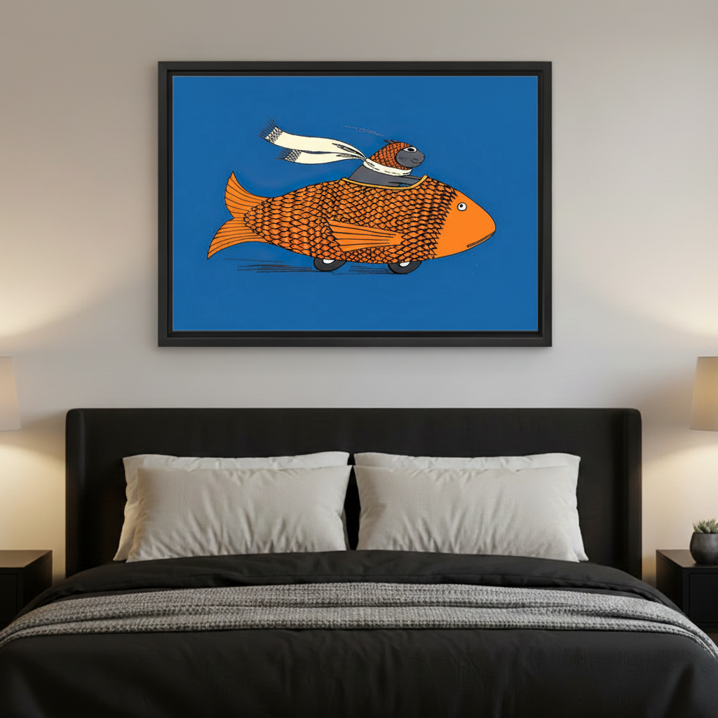 Whimsical cat riding goldfish canvas print above bed colorful bedroom wall art