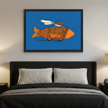 Whimsical cat riding goldfish canvas print above bed colorful bedroom wall art