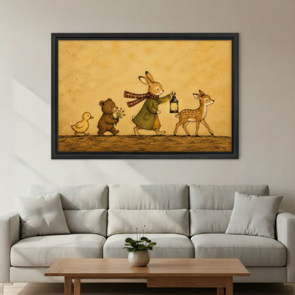 Vintage woodland animals canvas wall art above gray sofa, warm storybook illustration living room decor