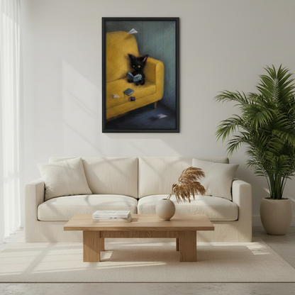 Black cat oil painting canvas print displayed in modern living room