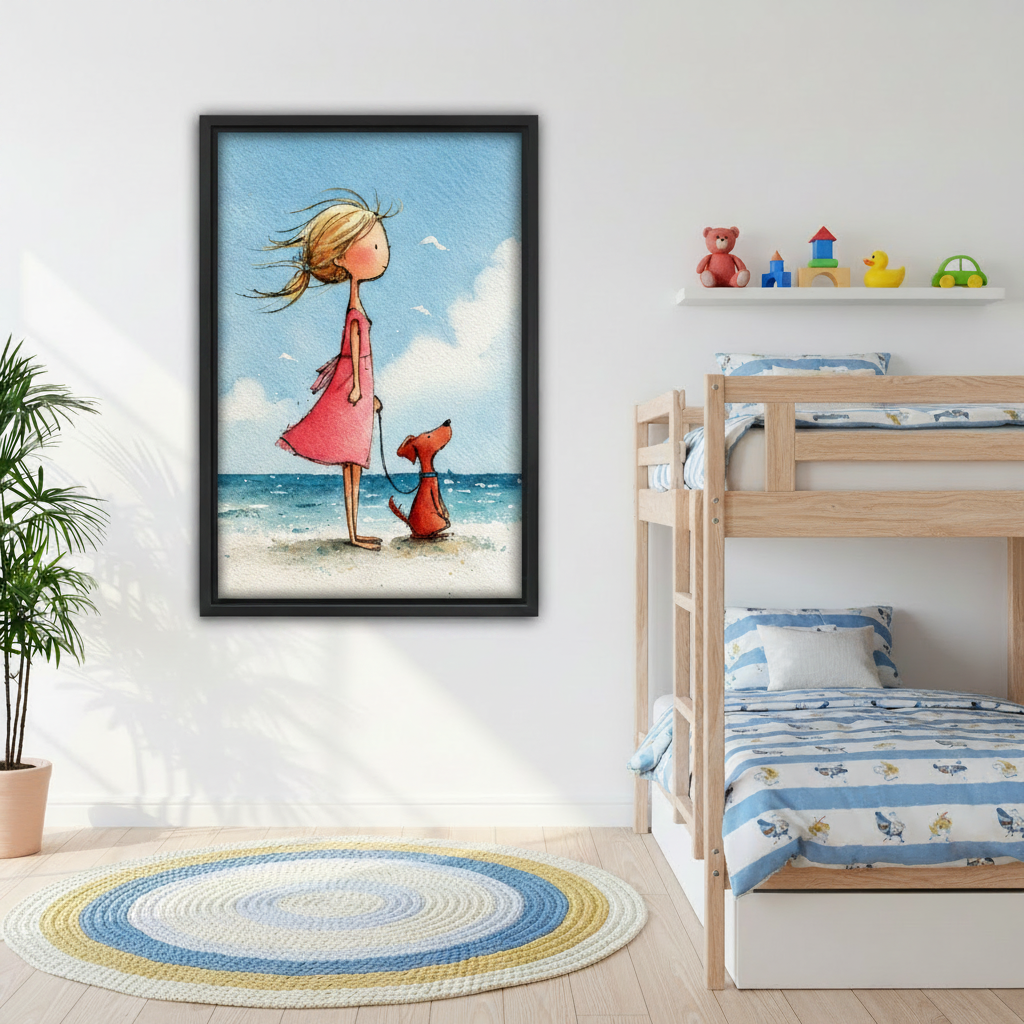 Girl and red dog beach watercolor canvas print in cozy bedroom, charming coastal illustration wall art for kids and adults