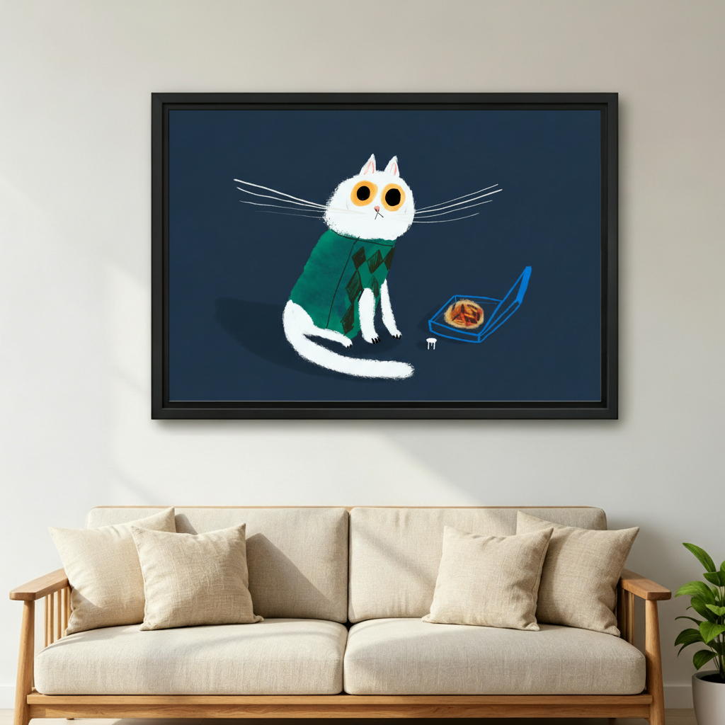 White cat in sweater with pizza canvas wall art — frameless gallery wrap displayed above an entryway console