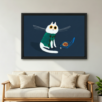 White cat in sweater with pizza canvas wall art — frameless gallery wrap displayed above an entryway console